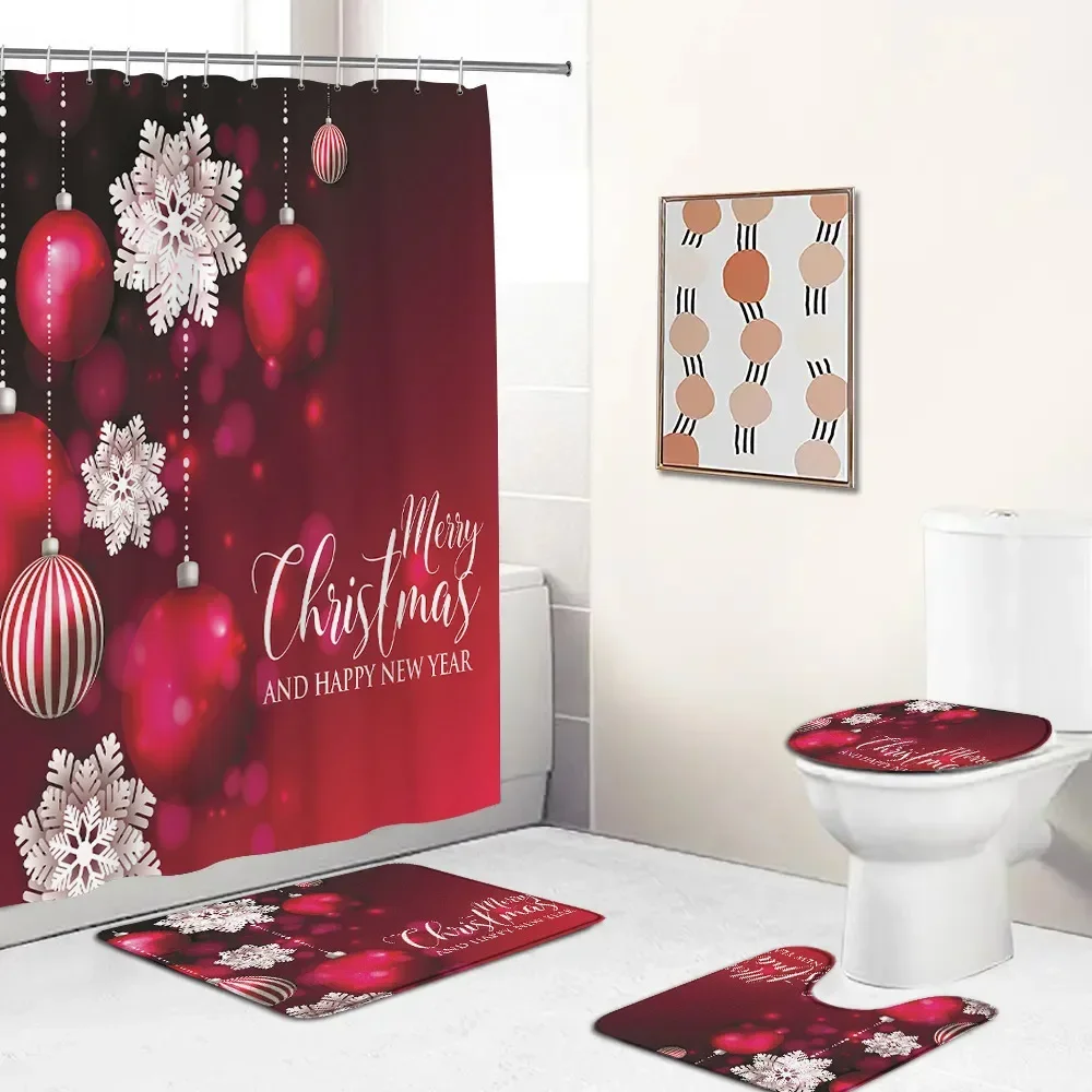 Merry Christmas Shower Curtain Set Home Decor Red Silvery Ball Xmas Balls Snowflake Pine Winter Bathtub Mat Toilet Lid Cover