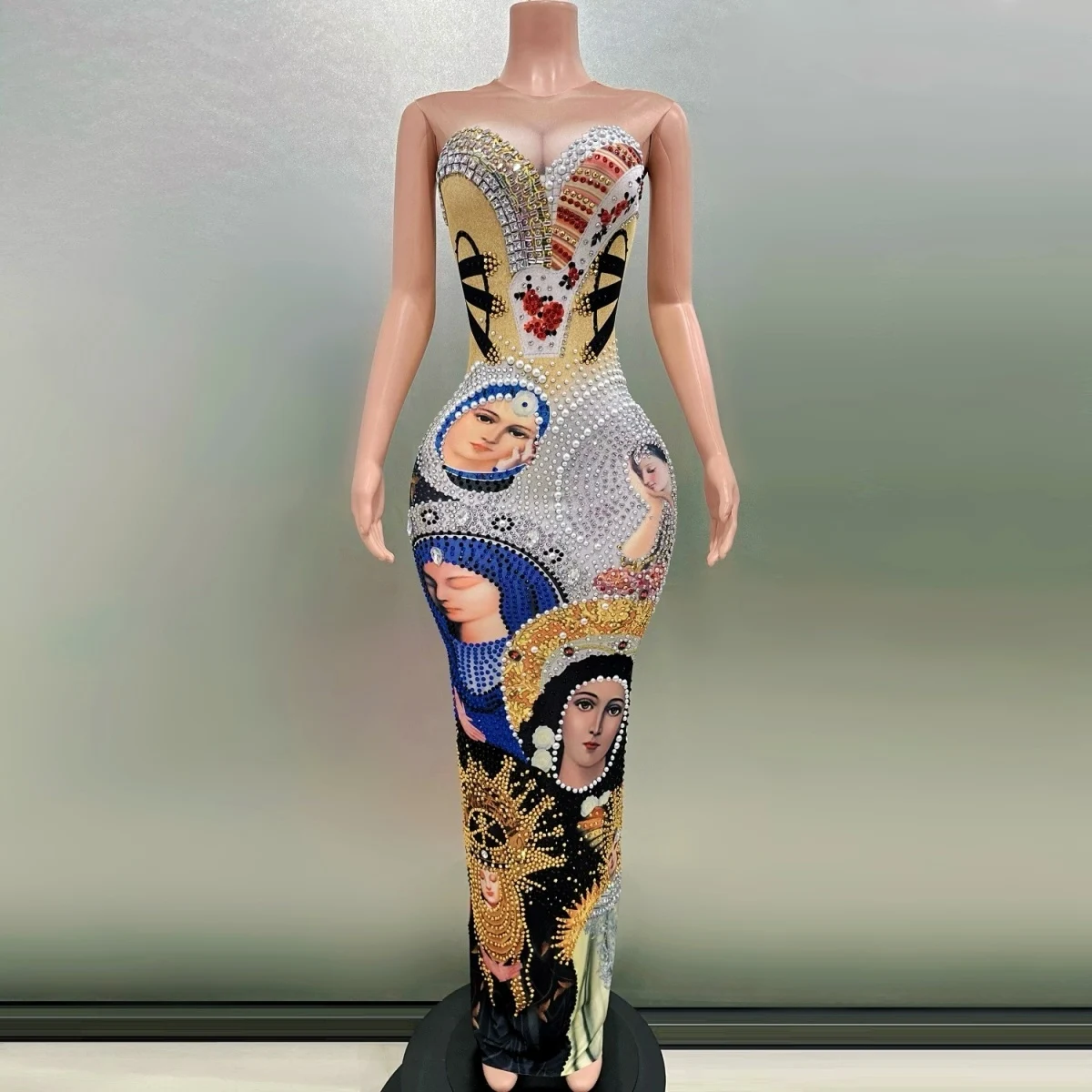 

Full Diamonds Pearls Sexy Printing Sheath Back Slit Long Dress Evening Party Performance Costume Nightclub DJ Singer Stage Wear