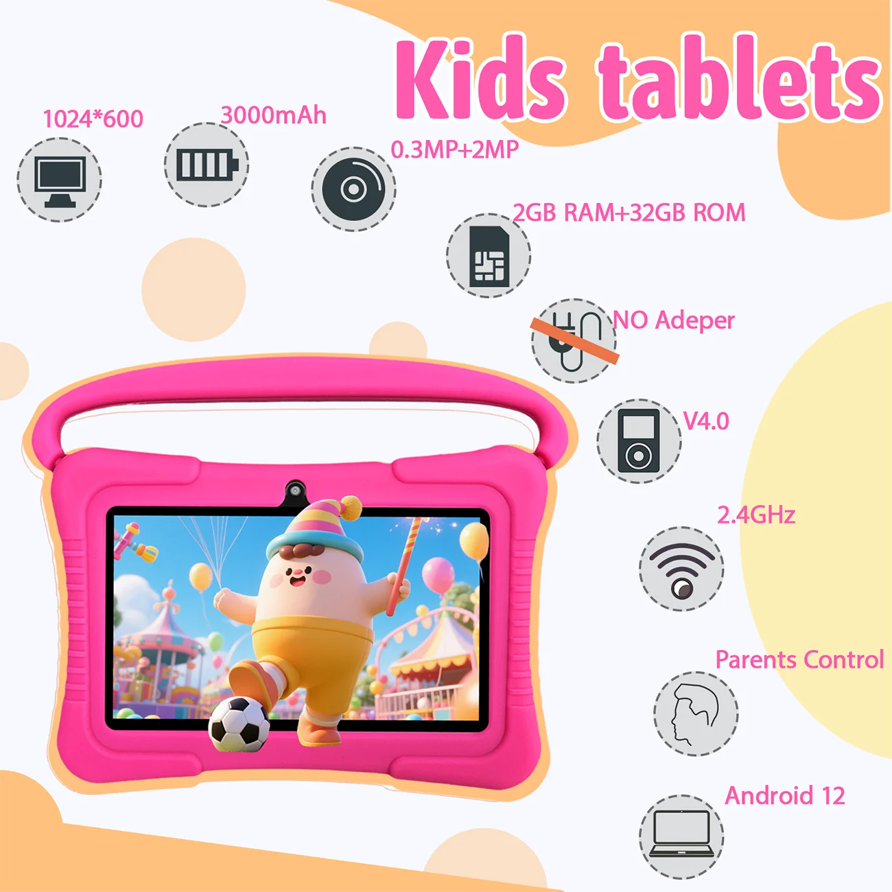 Tablet per bambini da 7 pollici, Tablet per bambini con controllo dei genitori, doppia fotocamera, regali per bambini per Natale e compleanno.Rosa/Blu