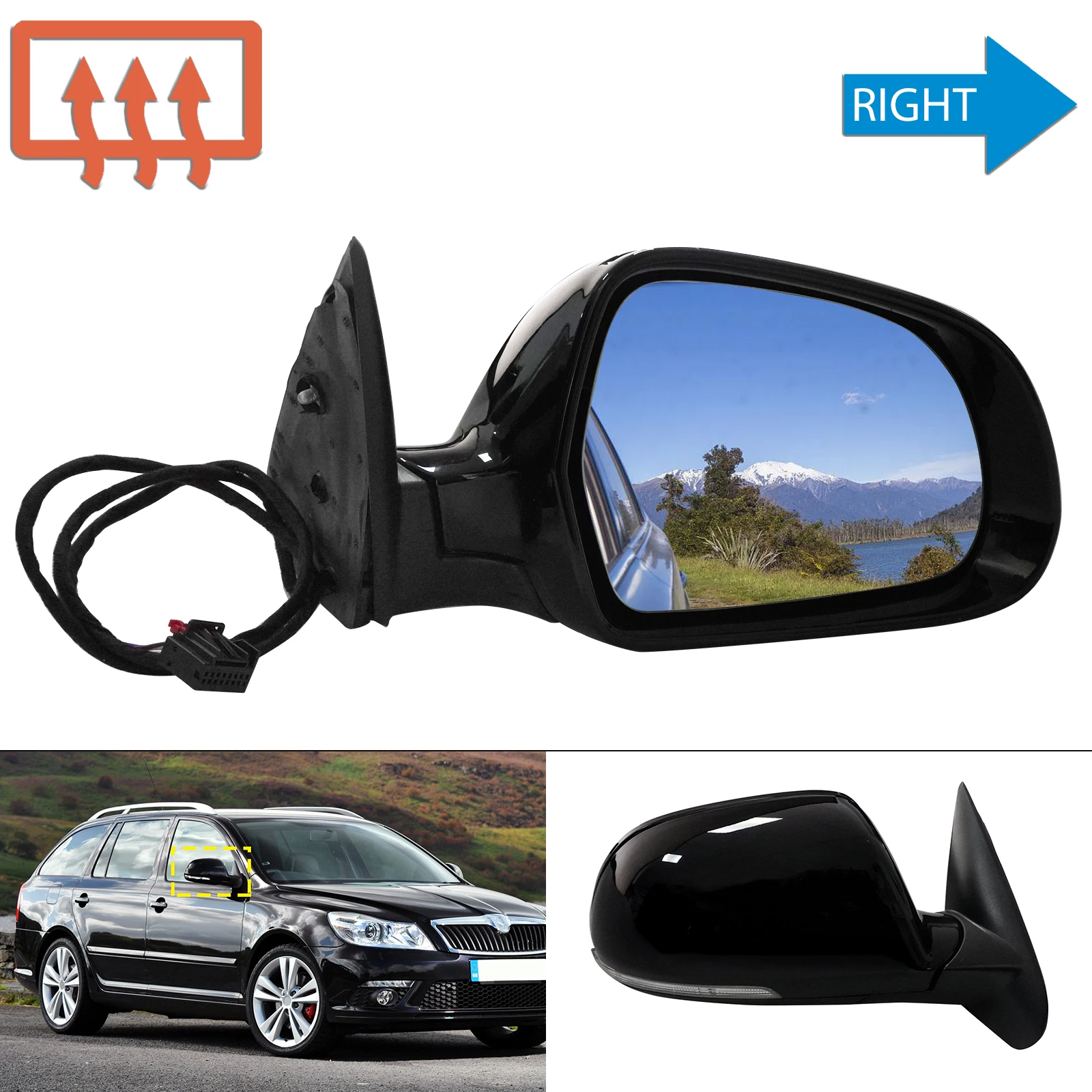 

Right Gloss Black Wing Mirror Indicator Heated For Skoda Octavia II 1Z 2009-2013
