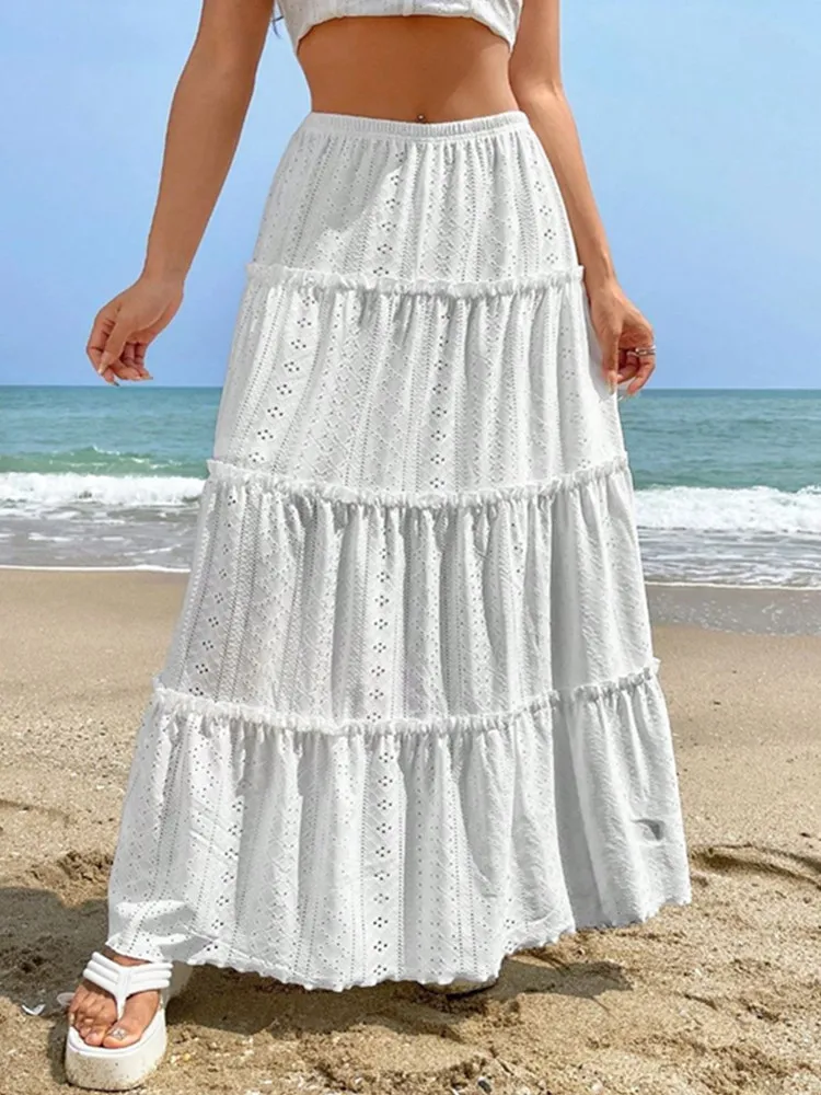 SKMY Women's Skirt Fashion Patchwork Streetwear Elastic Waist Casual Vintage Girls Harajuku Mid-Calf Length Skirts Solid Color