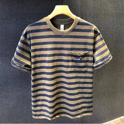 Summer Striped Boyfriend 2024 Pullover O-Neck Patchwork Printed Pocket Fashion Slim All-match Casual Short Sleeved T-shirt Tops