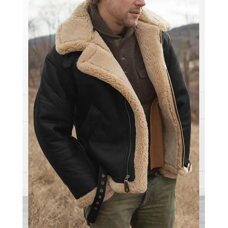 Original Ecology PU Coat European and American Winter Imitation Fur Fleece Fur Integrated Leather Buckle Coat Men