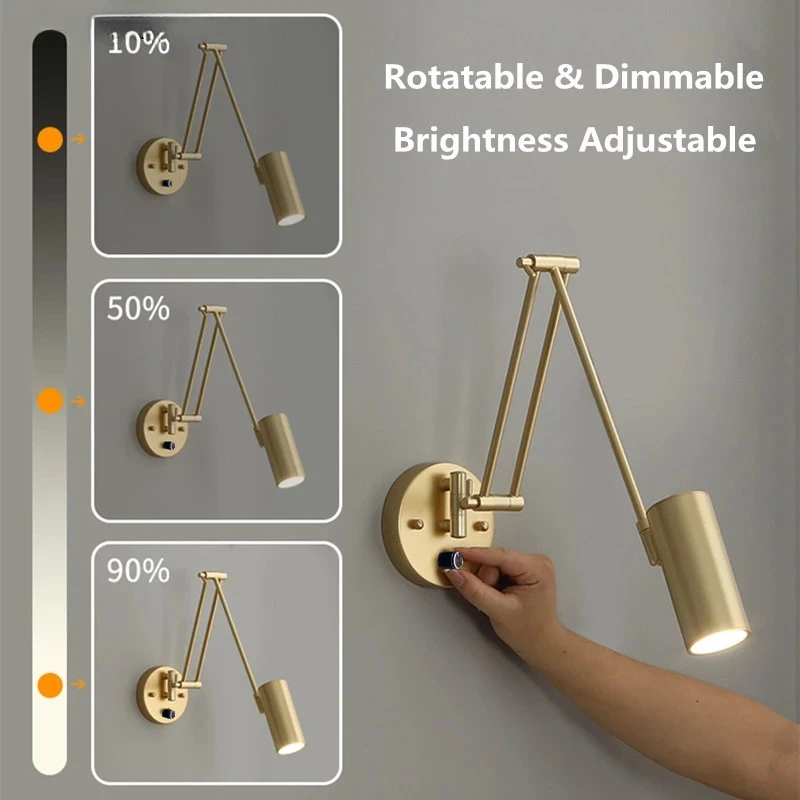 LED Dimmable Wall Lamp Bedroom Bedside Reading Light Folding Telescopic Switch Modern Creative Study Rocker Wall Light Fixture