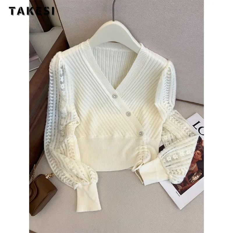 

2023 Winter Luxury Office Lady Knitting Long Sleeve Cardigans Women's Fashion V-Neck Solid Color Elegant Sweater Folds Top