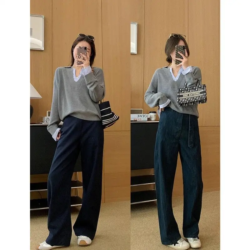Relaxed and Stylish Contrasting Color Fake Two-piece Patchwork Striped Sweater for Women in Autumn and Winter Loose V-neck Top