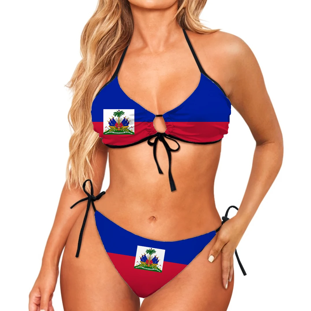 Haiti Country Flag 3D Print Women Micro Sexy Bikini Bra Set Summer Beachwear Sexy Beach Two Pieces Bathing Suits Swimwear-1