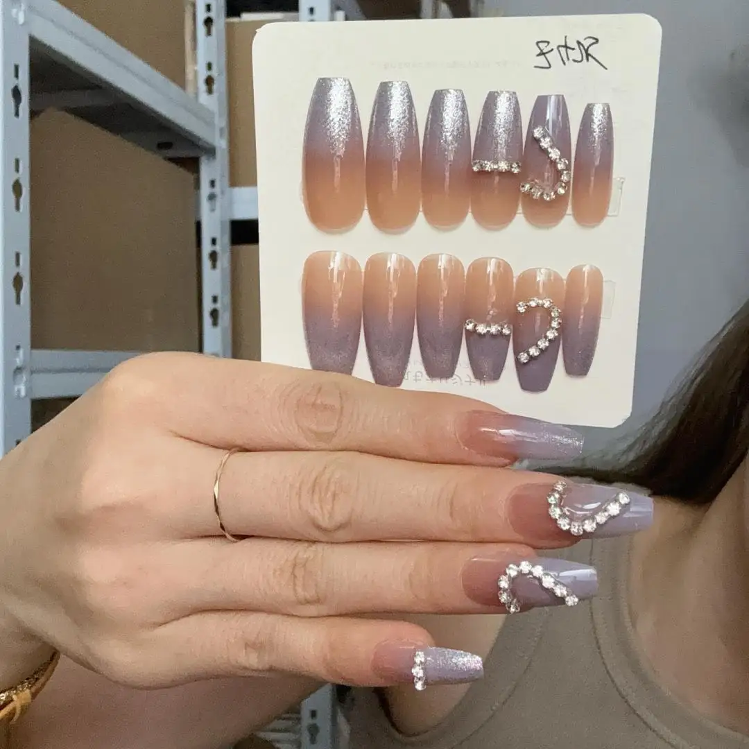24ps/box Long Wearable False Nail with Diamond Press on Acrylic Nails False Nail Art Full Cover RemovableFake Nails Set Gradient