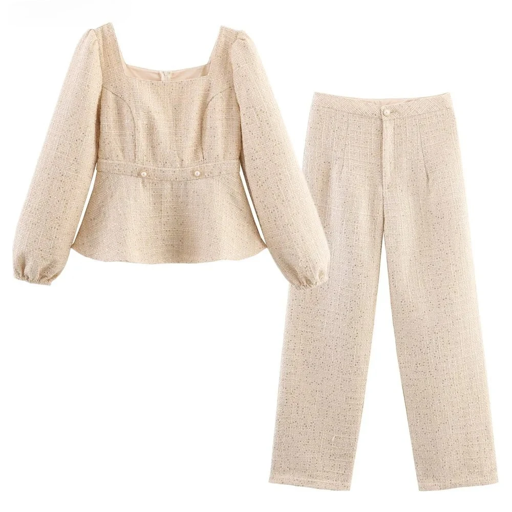2 pieces 1 Set 2025 Autumn Sequins Beading Tweed Square Collar Puff Sleeve Pullovers Shirt + High Waist Long Straight Pants Suit