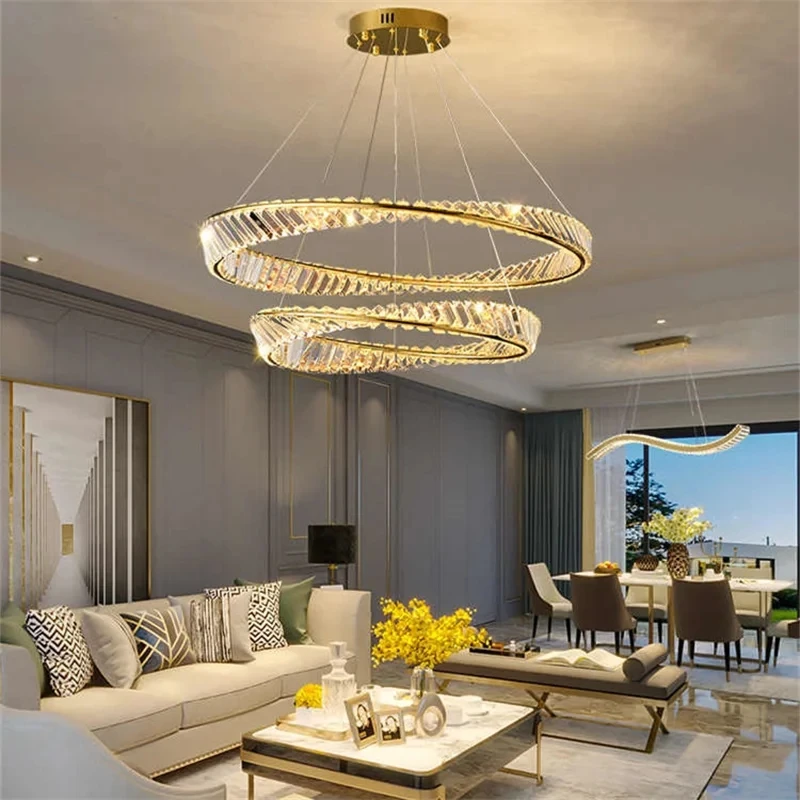 

Modern Irregular Rings Ceiling Chandeliers K9 Crystal Lustre Pendant Lamp Luxury Living Room Led Dimmable Hanging Light Fixture