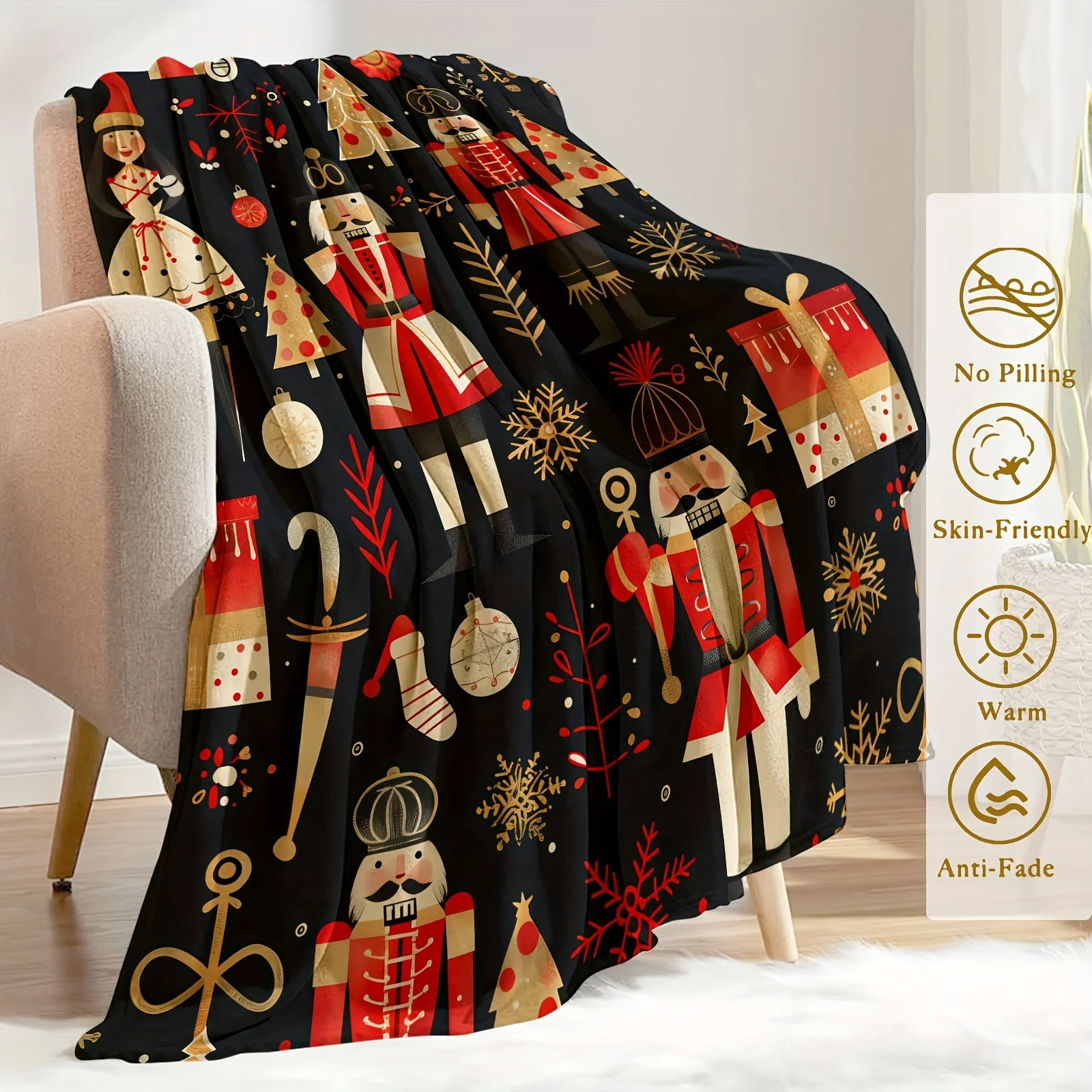Ultra-Soft Nutcracker Christmas Tree Throw Blanket - Versatile All-Season Fleece Throw for Sofa & Bedroom, Machine Washable, Fes