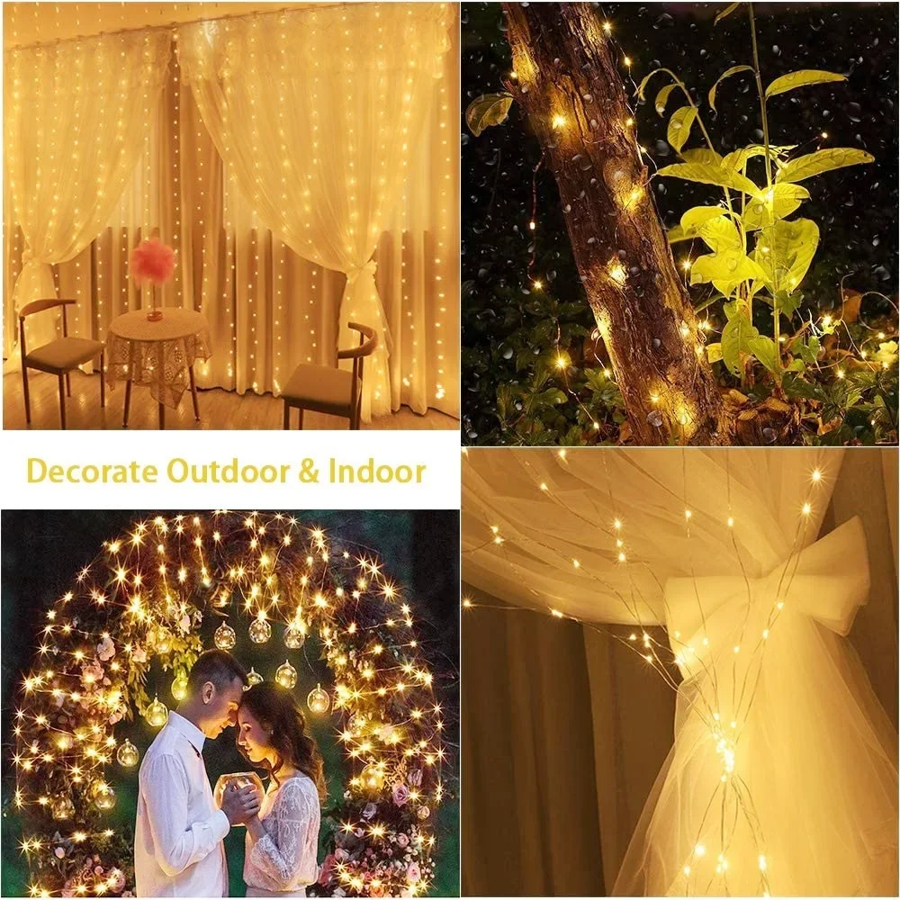 LED Curtain Garland Fairy String Lights Decoração de Natal Controle remoto USB Festa de casamento Decoração de férias para casa, quarto, 3m