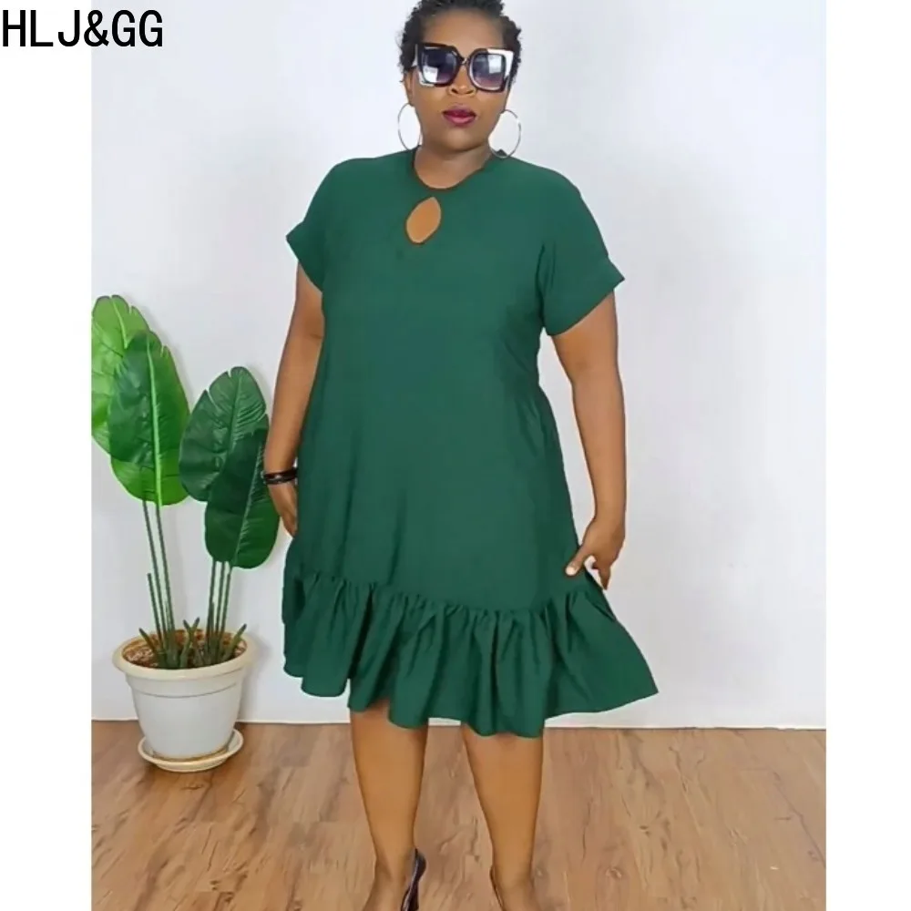 

HLJ&GG Green Casual Solid Ruffle Loose Knee Dresses 2024 Women Round Neck Short Sleeve Hollow A-line Vestidos Female Clothing