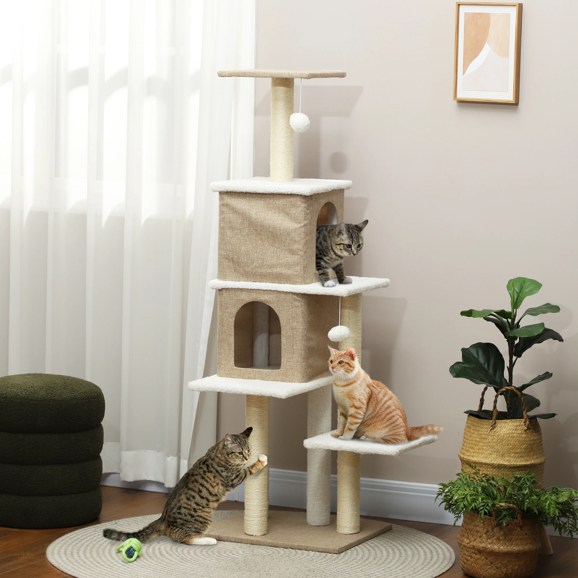 PawHut Árbol Rascador para Gatos Altura 140 cm con 2 Nidos Marrón Claro