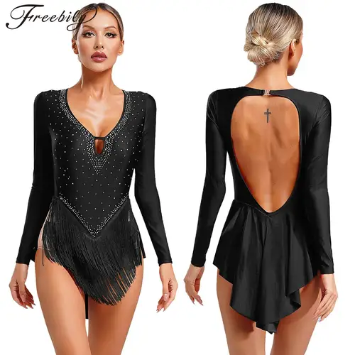 Vestido de baile latino para mujer, patinaje artístico, Cha-cha, Tango, Samba, Rumba, disfraz de actuación, leotardo de manga larga con borlas y diamantes de imitación