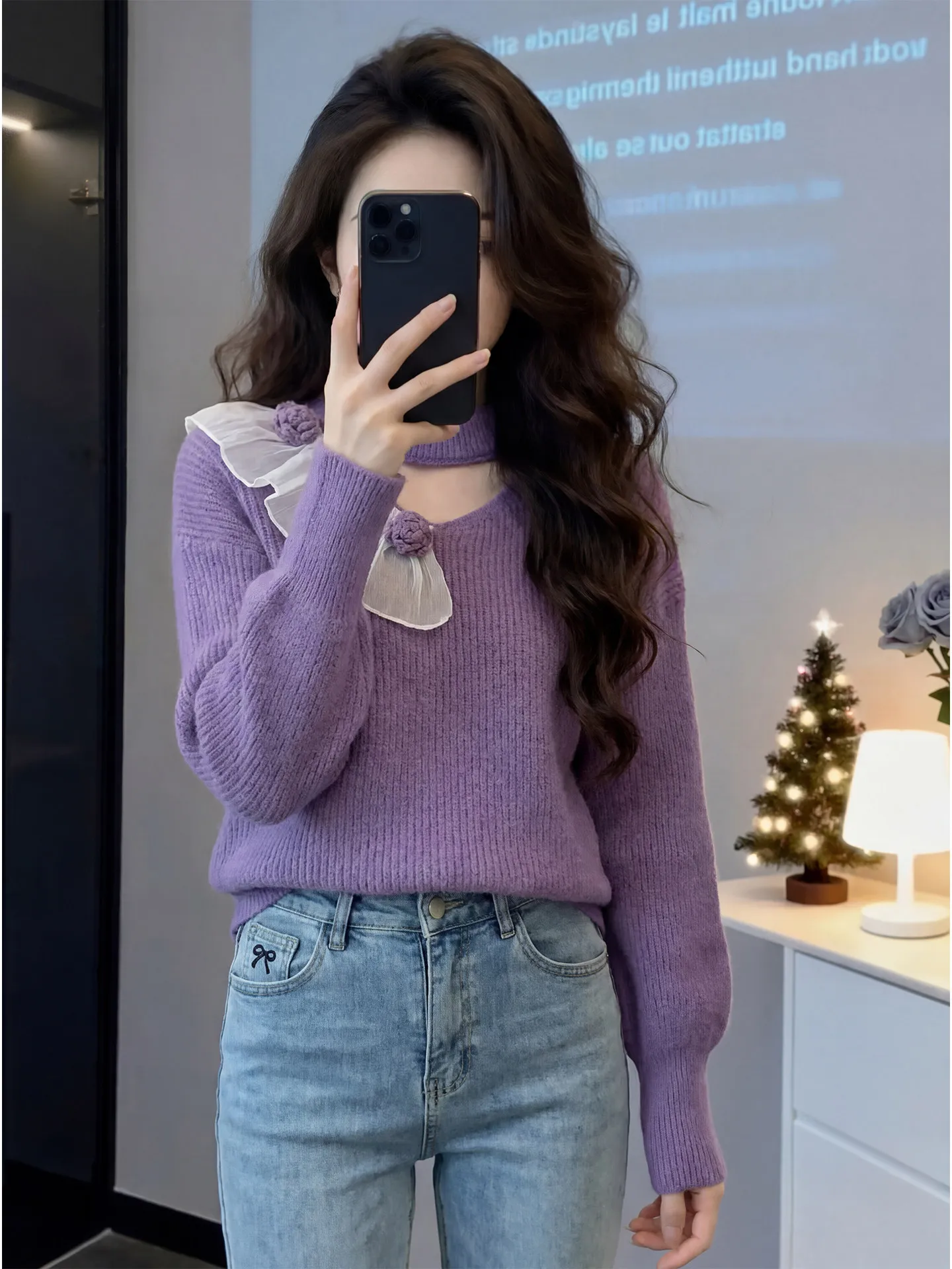 

Spring 2026 Women's plus Size Knitted Sweater with Hanging Ne Batwing Sves Purple Floral 3D Design Faionable Top