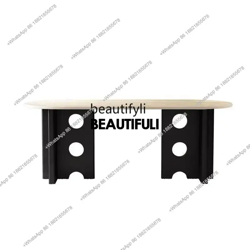 

ss8350 French antique solid wood travertine rock slab dining table oval home designer retro art desk