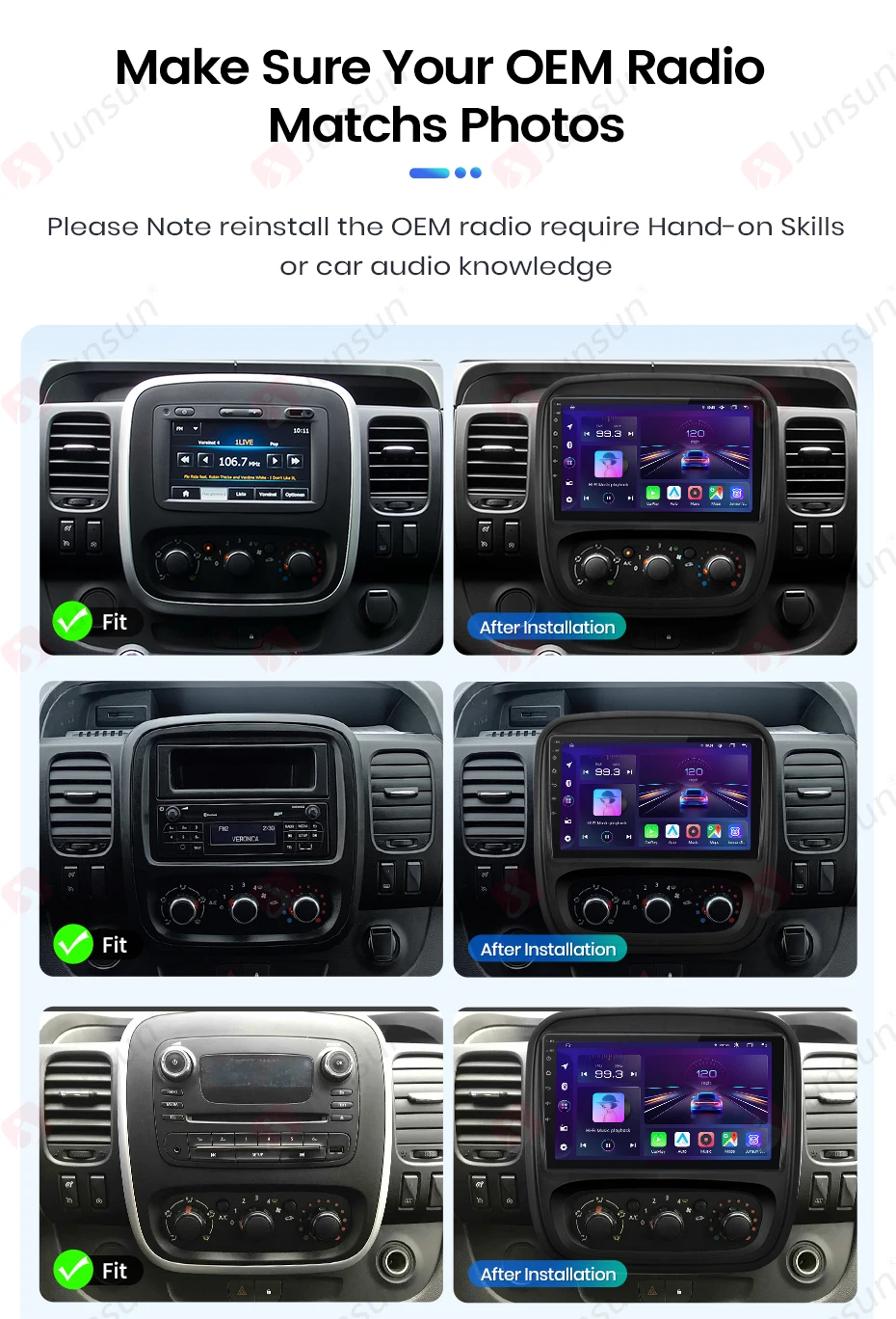 Junsun Autoradio für Renault Trafic 3 2014-2021 mit CarPlay, Android Auto, FM, RDS, DSP, BT, GPS-Navigation, SWC, HD IPS Touchscreen, Plug & Play Multimedia-Player, Freisprechfunktion, Original-Autostil-Haupteinheit – Detail 1