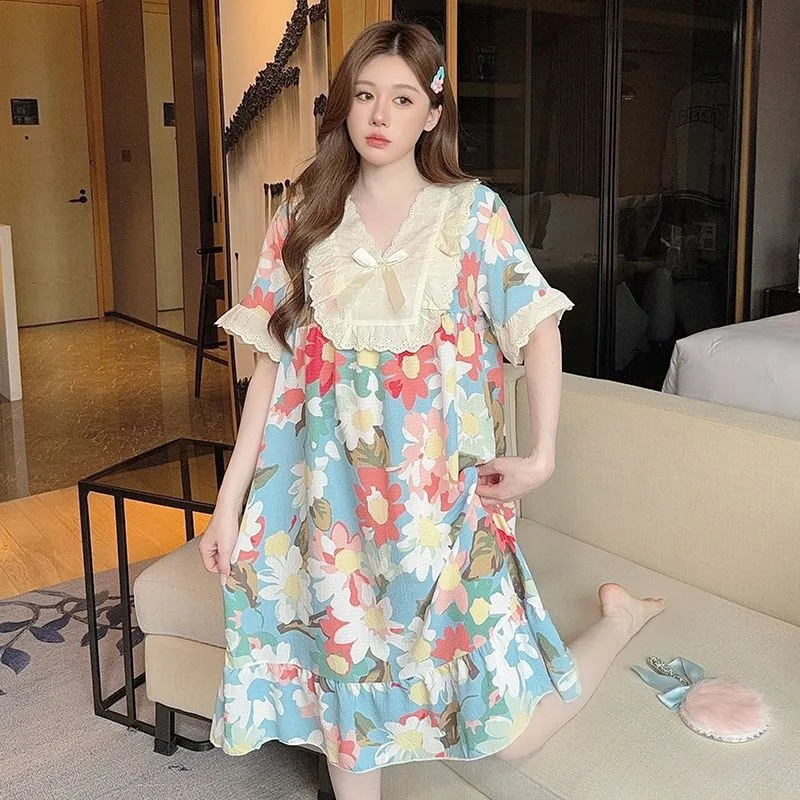 

M-5XL Plus Size Nightdress Women Summer Short-sleeved Pajama Korean Cartoon Loose Loungewear Mid Home Dress Can Be Worn Outside