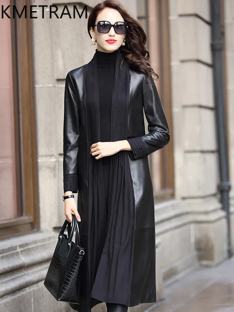 KMETRAM 100% 天然羊皮レザージャケット女性の革のジャケット高品質黒女性コート 2025 秋のファッションロング服ロパ mujer
