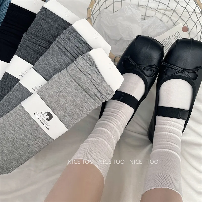 SP&CITY Summer Gray Mid Tube Pile Socks Women\'s Lolita Anti Pilling Cotton Socks Korean Simple Solid Color Casual Long Socks