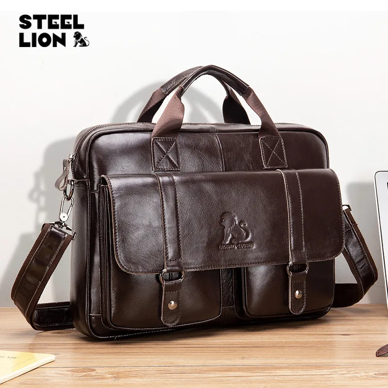 Cowhide men's briefcase head layer cowhide computer storage business large capacity hand shoulder bag
