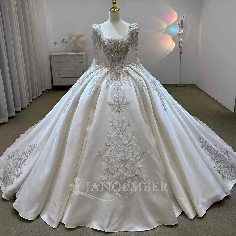 Ball Gown Wedding Dress Princess Satin Bride Beading Square Collar Long Sleeves Backless Lace Up Bridal Dresses платье с