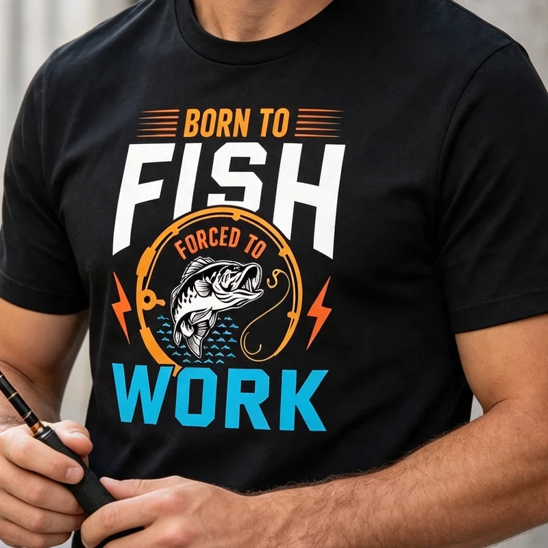 Born To Fish T-Shirt Forced To Work Funny Fishing Graphic Tee Casual Outdoor Streetwear for Men Women Black Navy Top Cotton