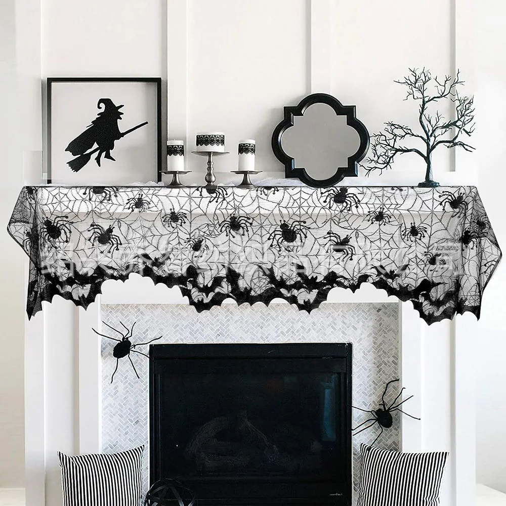 Halloween Spider Web Lace Tablecloth Black Table Runner Fireplace Scarf Fireplace Blanket Lampshade Saints' Day Decorations