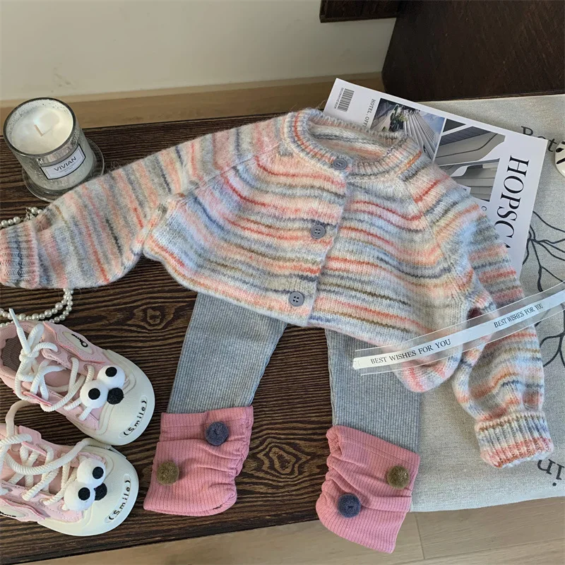 Korean Children's Clothing 2025 New Autumn Girls' Color Knitted Sweater Cardigan Color Matching Ball Leggings Two-piece Set