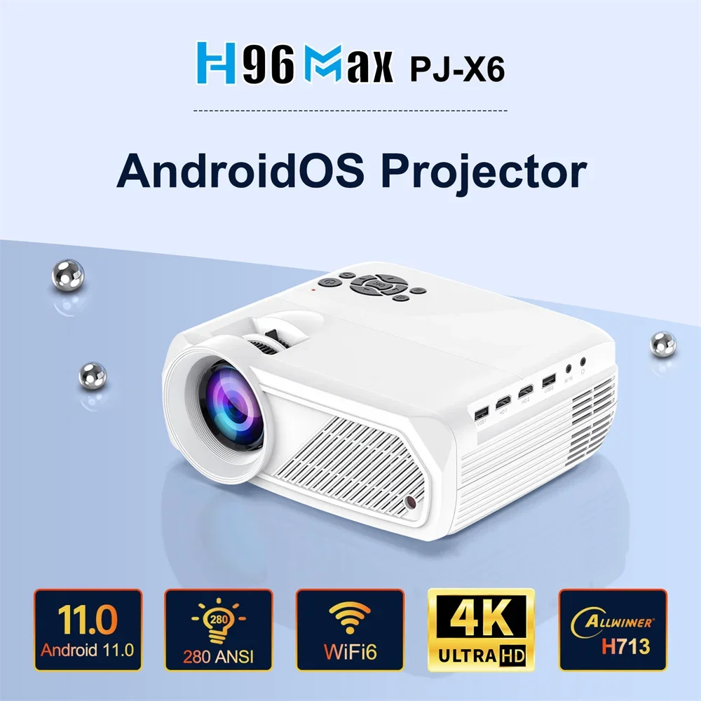 Projector 1080P Support 4K Video Decoding 280ANSI H96 Max PJ-X6 Android 11 BT5.4 Projector 2GB 16GB WIFI6 Home Movie Projector