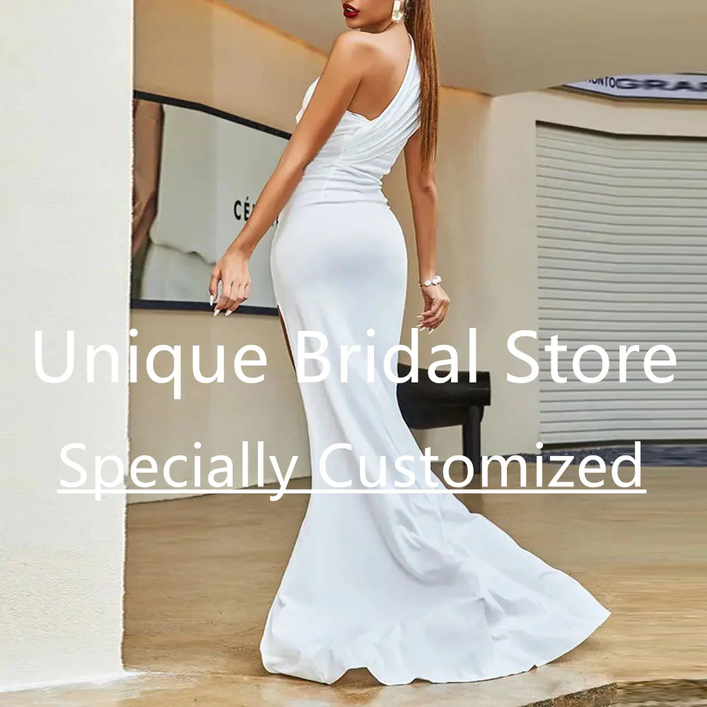 Customized Simple Jersey Wedding Dress One-Shoulder Side Zipper Draped Mermaid Bridal Gown Sleeveless Women's Brush Train Vestid