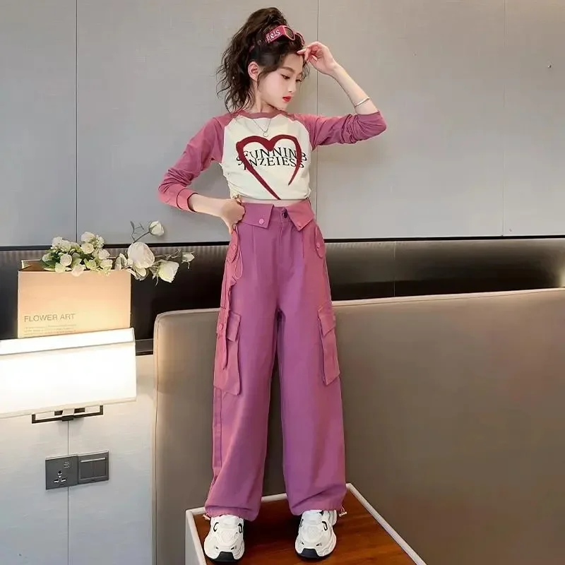 2023 autumn winter Kids tracksuit Children set Girls Clothes T-Shirt + straight wide leg Cargo Pants Teenager 6 7 10 11 12 year