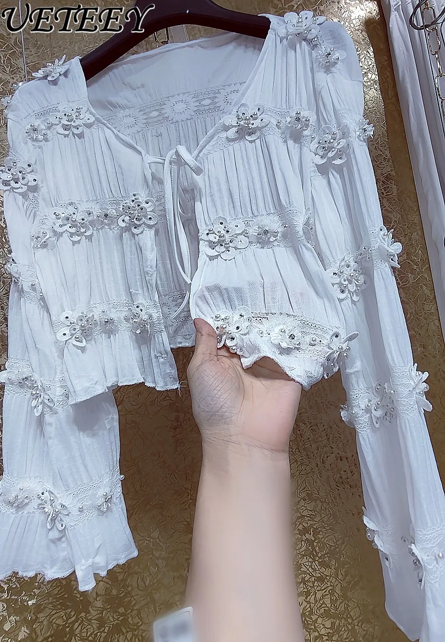 高級重工業ラインストーンフラワーシフォンバブル長袖ショールジャケットスウィートガール多用途レースアップショートコート