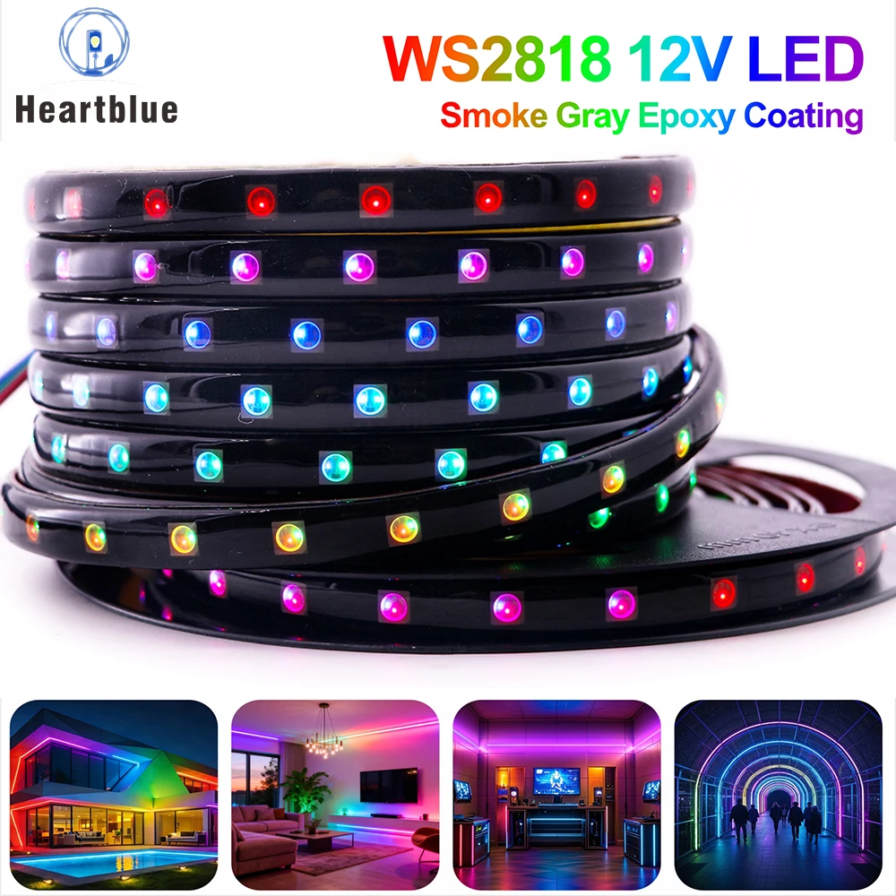 

WS2818 12V 5M RGB LED Strip Light Smoke Gray Epoxy Coating Breakpoint Resume 3M Adhesive DIY Cuttable LED Tape 12V WS2818 Light