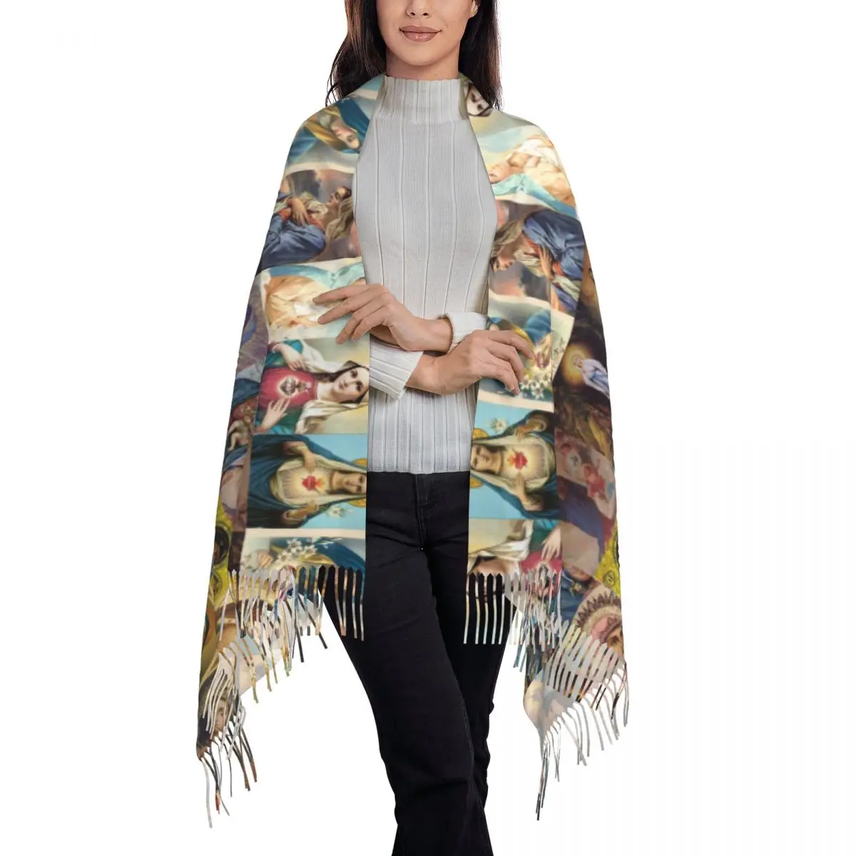 Virgin Mary Scarf Women Fashion Winter Wrap Shawl Catholic Christian Tassel Wraps