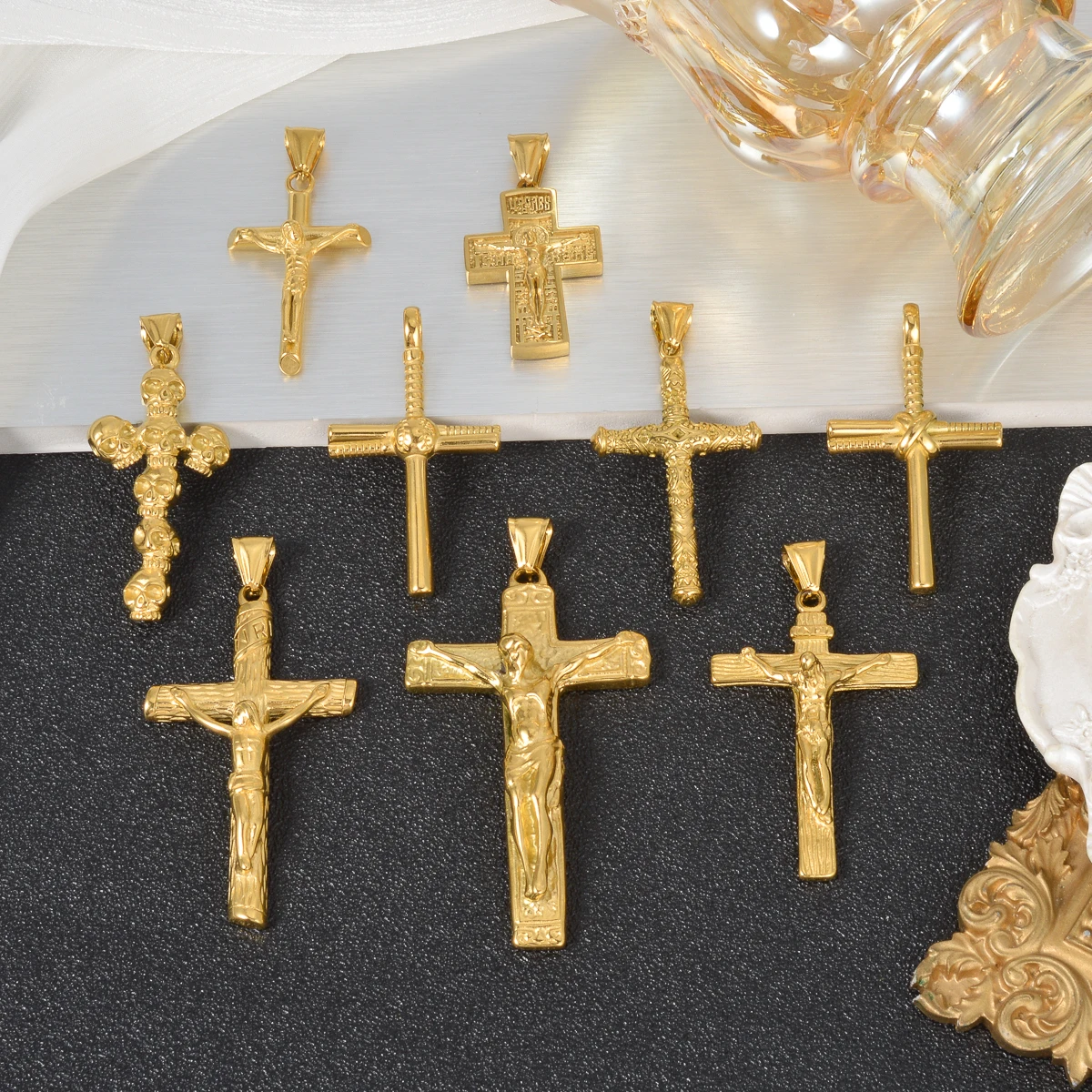 18K Gold Plated Stainless Steel Crucifix Charms Chain Jesus Cross Pendant Necklace Religious Jewelry Gift for Men Women Unisex
