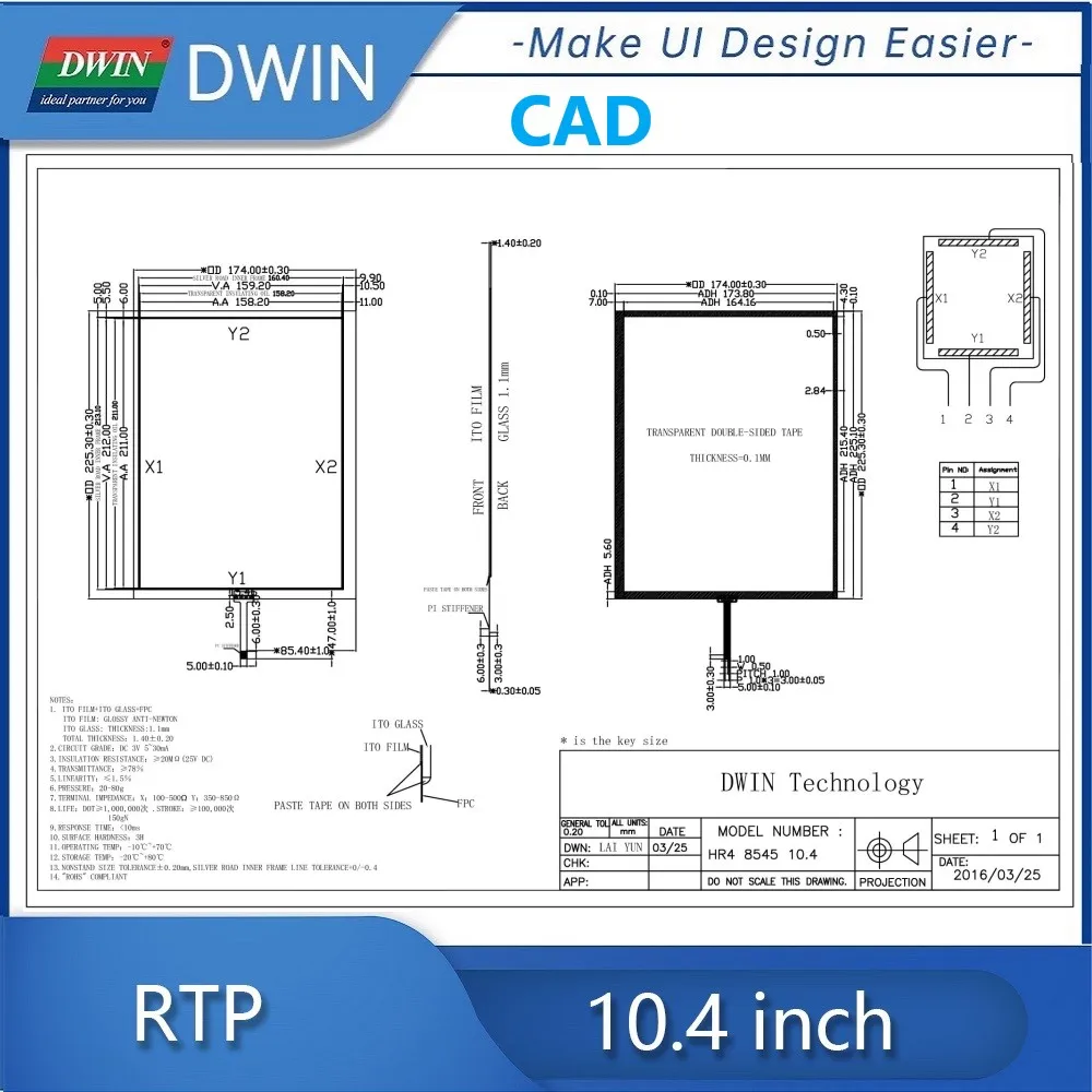 DWIN 10.4 Inch 174.0mm*225.3mm*1.4mm 4 Wire Resistive Touch Screen