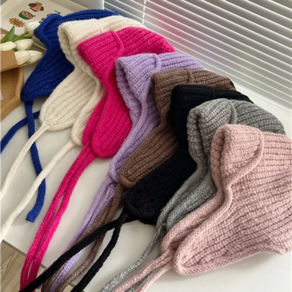 

New Solid Color Winter Warmer Hats Knitting Elastic Knitted Hooded Caps Ear Protection Knitted Wool Flying Hat