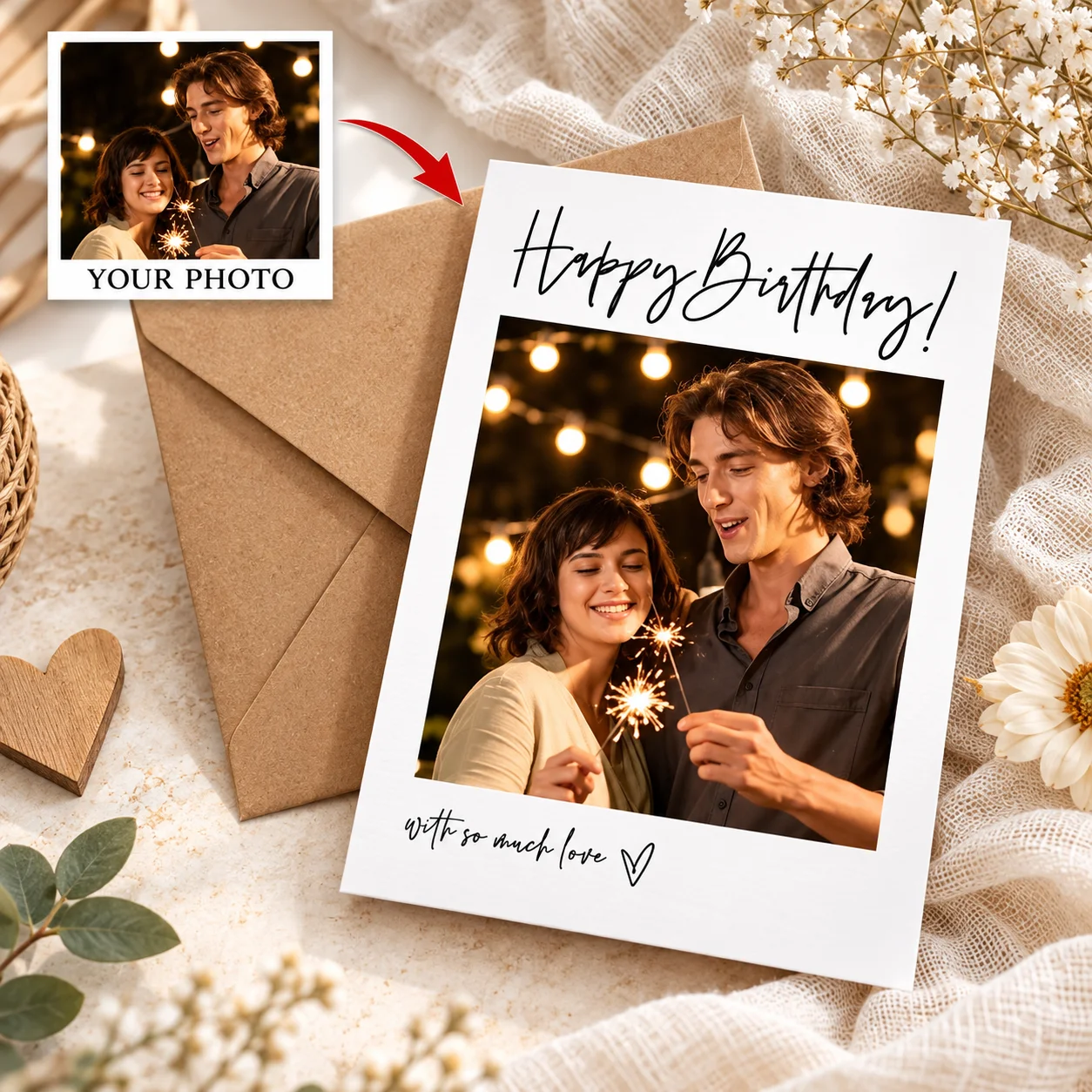1pc Custom Personalized Photo Text Greeting Card Wedding Engraved Birthday Card Party Invitations Thank You Notes Handmade Gift