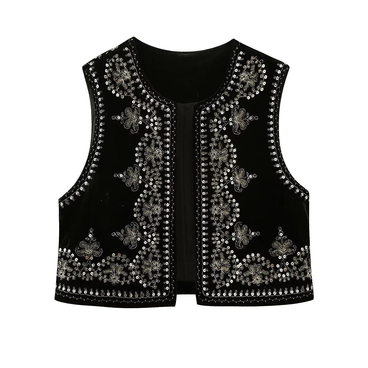 Women Round Neck Velvet Sleeveless Vest Floral Rhinestone Beaded Embroidery Open Front Cropped Layering Waistcoat 260602