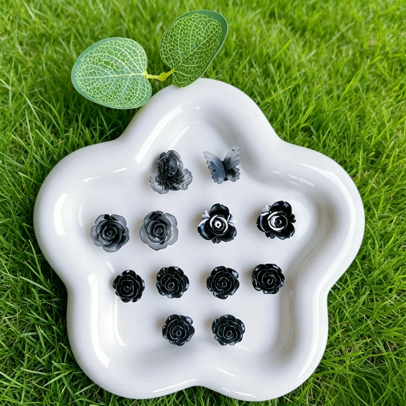 Black Ink Rose Flower Shoe Charms Detachable DIY Ornament for Hole Clog Sandals Decor Gifts for Girls Women Gothic Footwear Accs