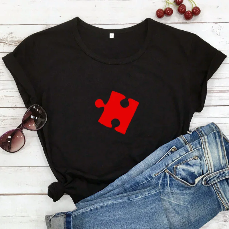 Puzzle Red Heart Print Couple T Shirt Lovers Short Sleeve O Neck Loose Tshirt Fashion Woman Man Tee Shirt Tops Clothes