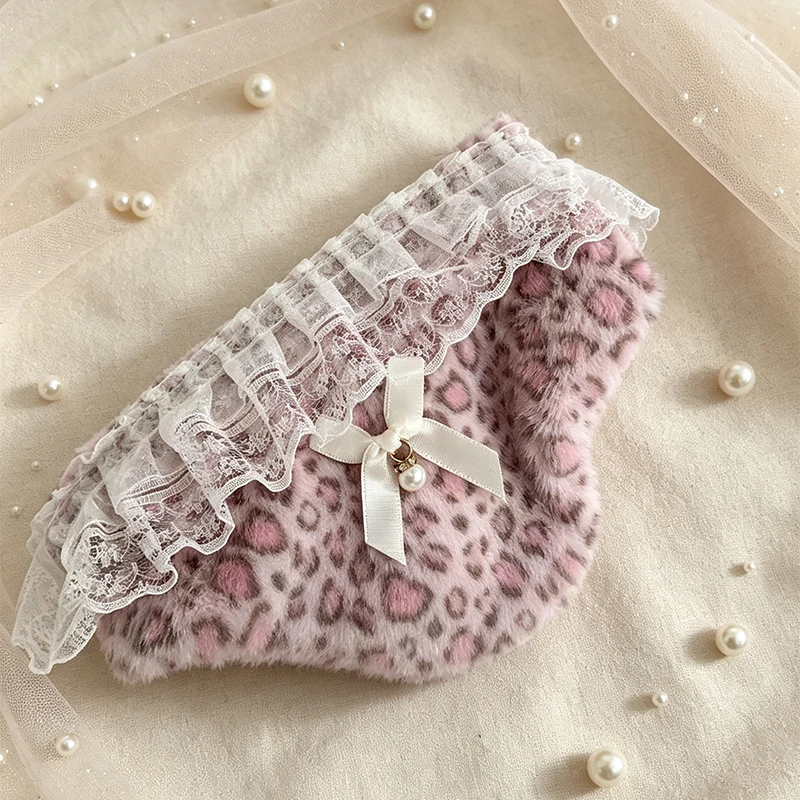 Y2k Pink Leopard Pattern Plush Lace Storage Bag Butterfly Knot Pearl Decoration Creative Zipper Triangle Mini Change Storage Bag