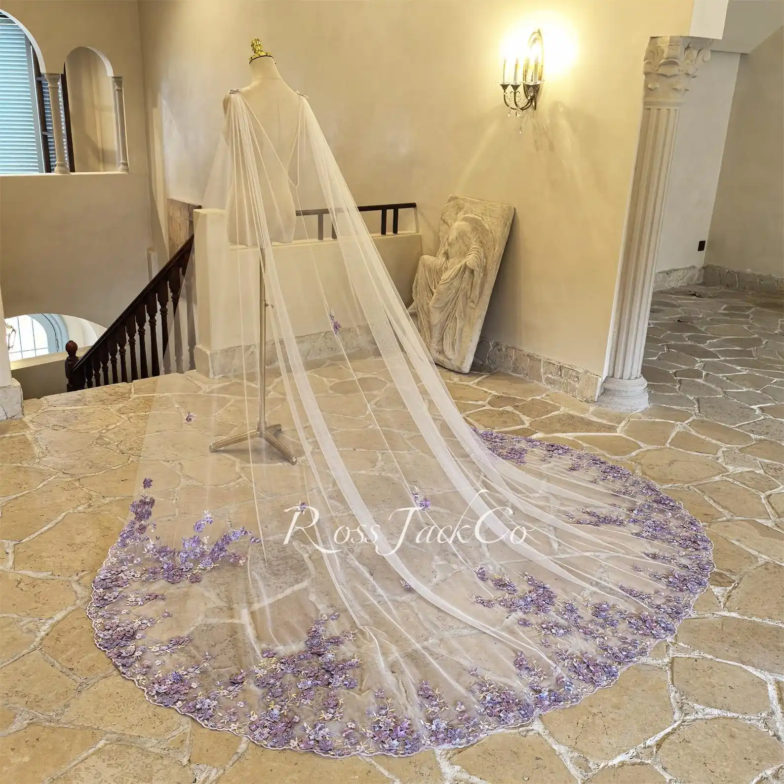 Bridal Cape with Elf Lace Purple Flower Wedding Veil Cape Soft Tulle Bridal Coat Custom Handmade Wrap Shoulder Veil Shawl