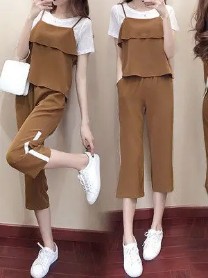 

Slimming Fashionable Three-Piece Set Cover up plus Size Summer New Style Korean Loose Fit High Waist Short Sleeve round Neck