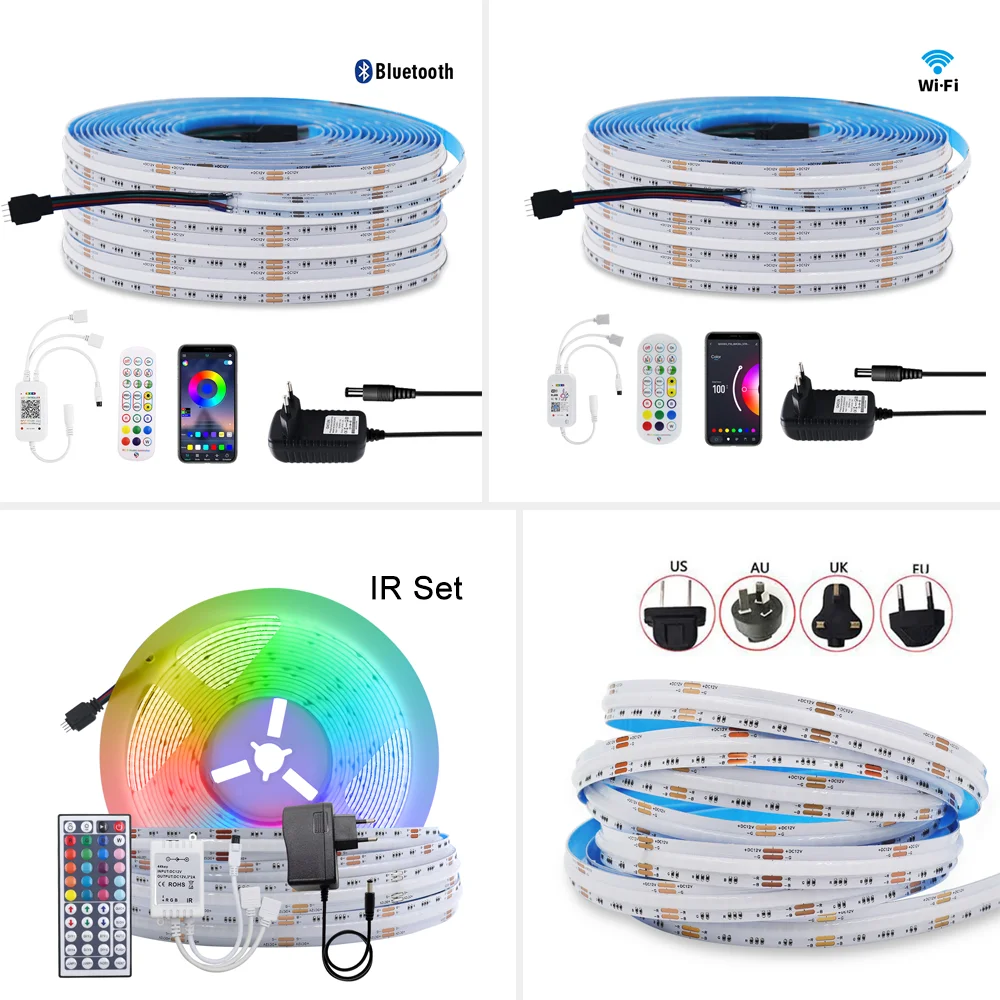 RGB COB LED Strip Light WIFI Bluetooth APP Control 840LEDs/M High Density Flexible Colorful FCOB LED Tape TV Backlight 12V 24V