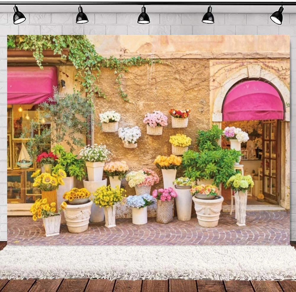 Italy Countryside Scene Photography Backdrop Pastoral Style Colorful Flowerpots Old House Green Leaves Brick Wall Background