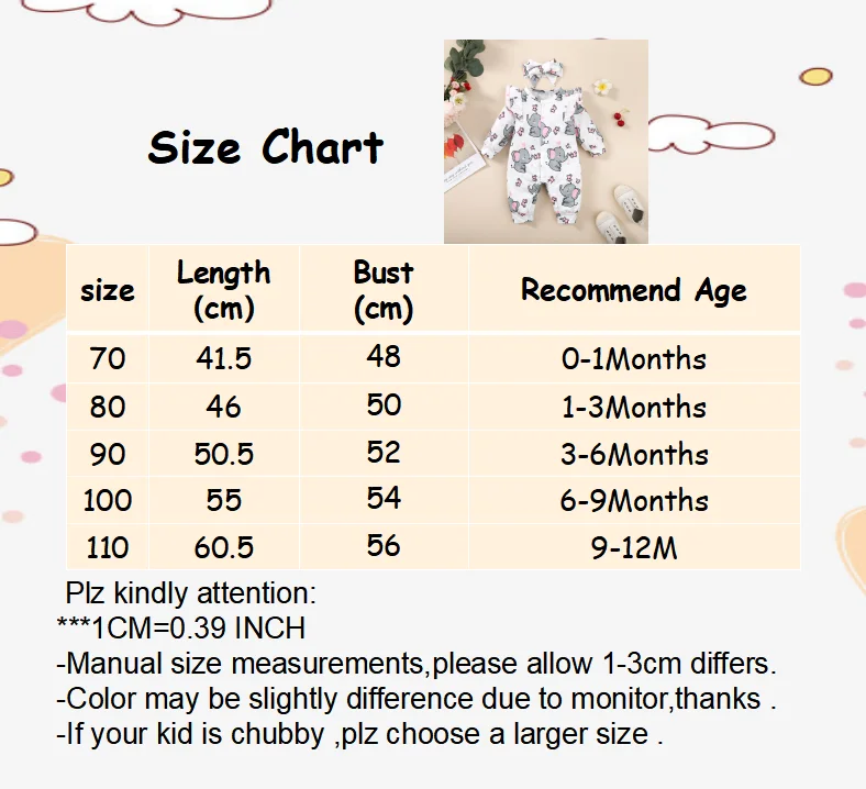 Baby Girl Romper Long Sleeve Cute Elephant Bodysuit+Headband Casual Bodysuit for Toddler Girl 0-18Months Clothes