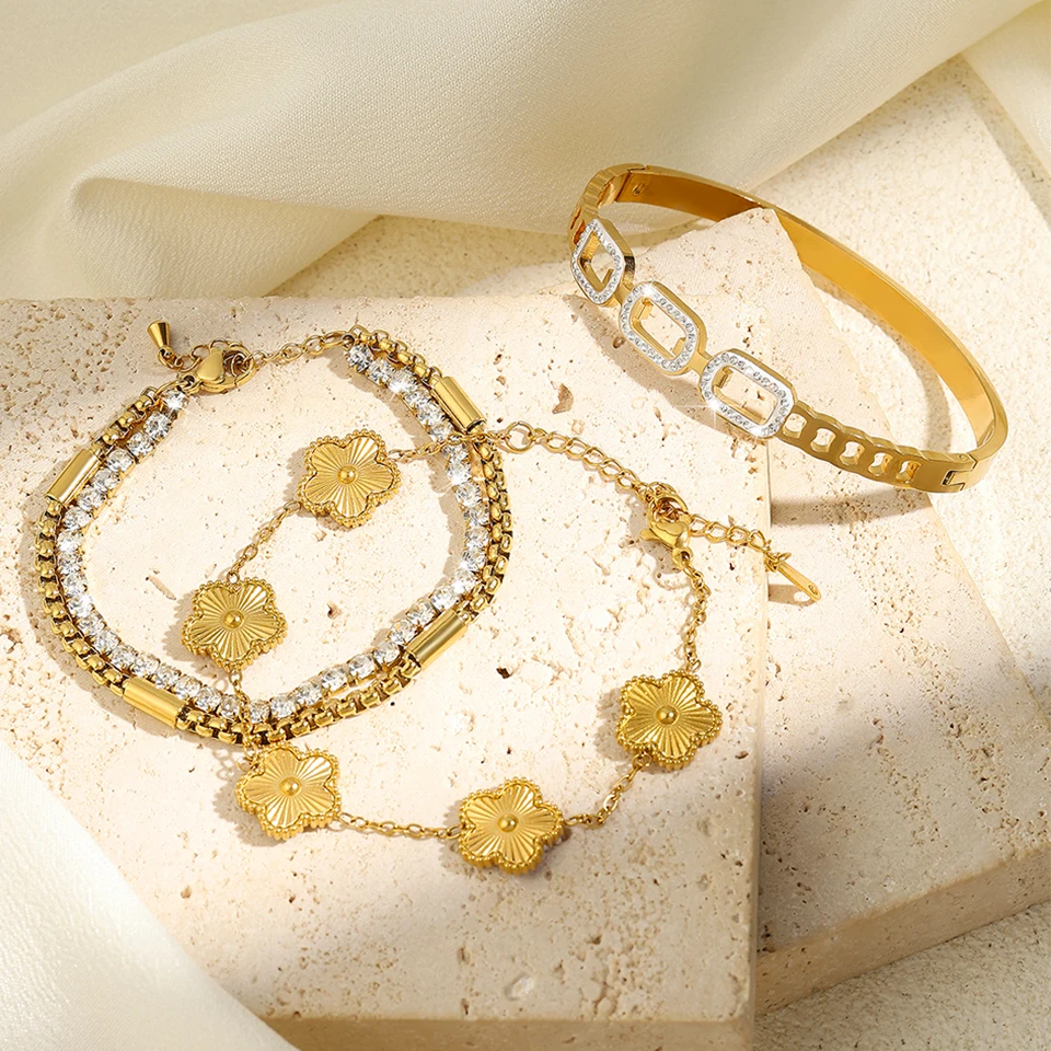 ZAKOL 3Pcs Gold Color Stainless Steel Stacked Bracelet Bangles for Women Geometric Five-Leaf Flower Zircon inlaid Bracelet Gift image 2